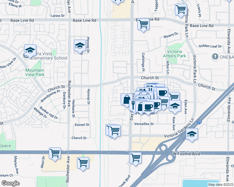map of restaurants, bars, coffee shops, grocery stores, and more near 7736 Hess Place in Rancho Cucamonga