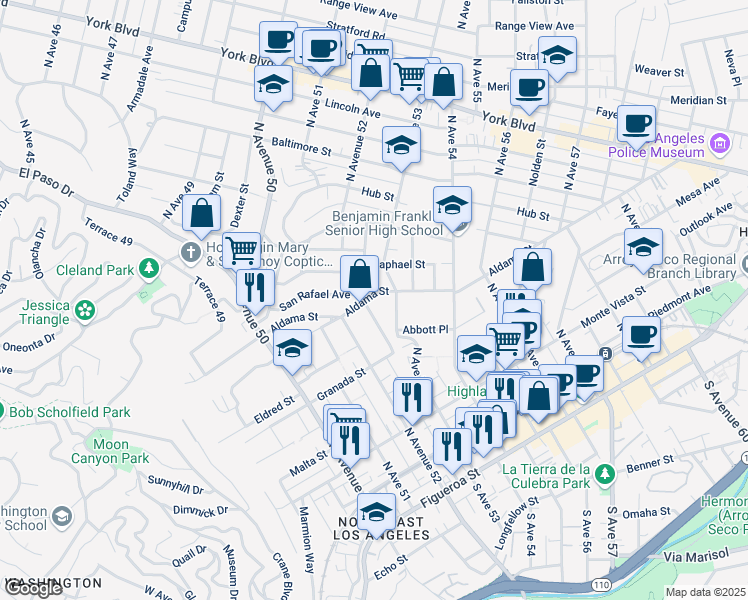 map of restaurants, bars, coffee shops, grocery stores, and more near 470 Holland Avenue in Los Angeles