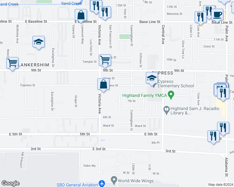 map of restaurants, bars, coffee shops, grocery stores, and more near 7756 San Francisco Street in Highland