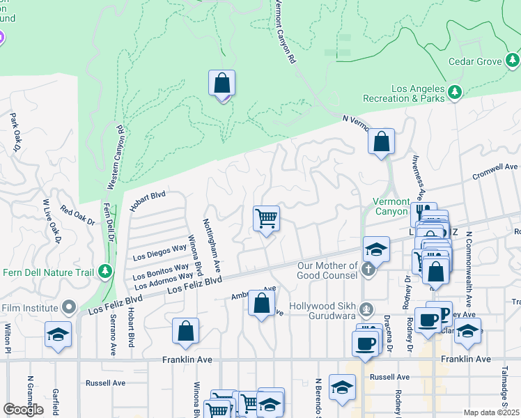 map of restaurants, bars, coffee shops, grocery stores, and more near 2421 North Catalina Street in Los Angeles