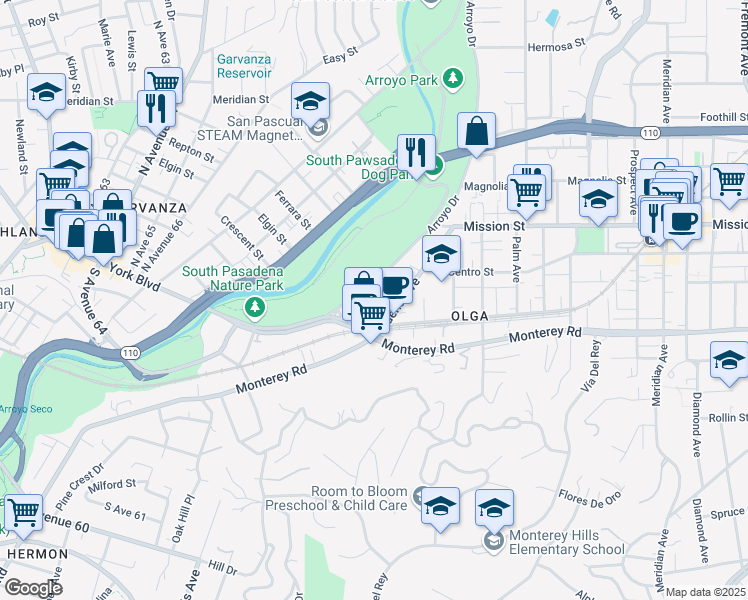 map of restaurants, bars, coffee shops, grocery stores, and more near 1022 Arroyo Drive in South Pasadena