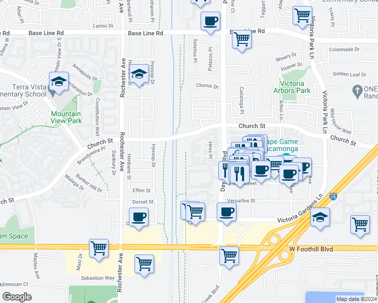 map of restaurants, bars, coffee shops, grocery stores, and more near 7724 Chambray Place in Rancho Cucamonga
