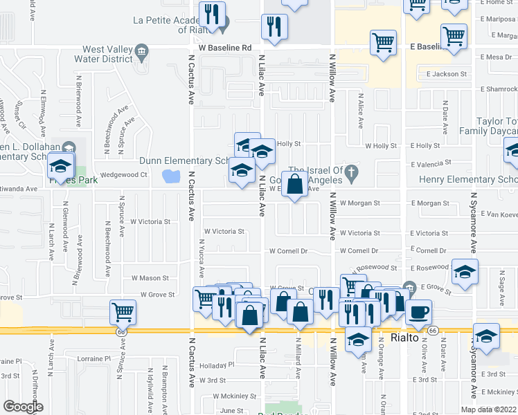 map of restaurants, bars, coffee shops, grocery stores, and more near 750 North Lilac Avenue in Rialto