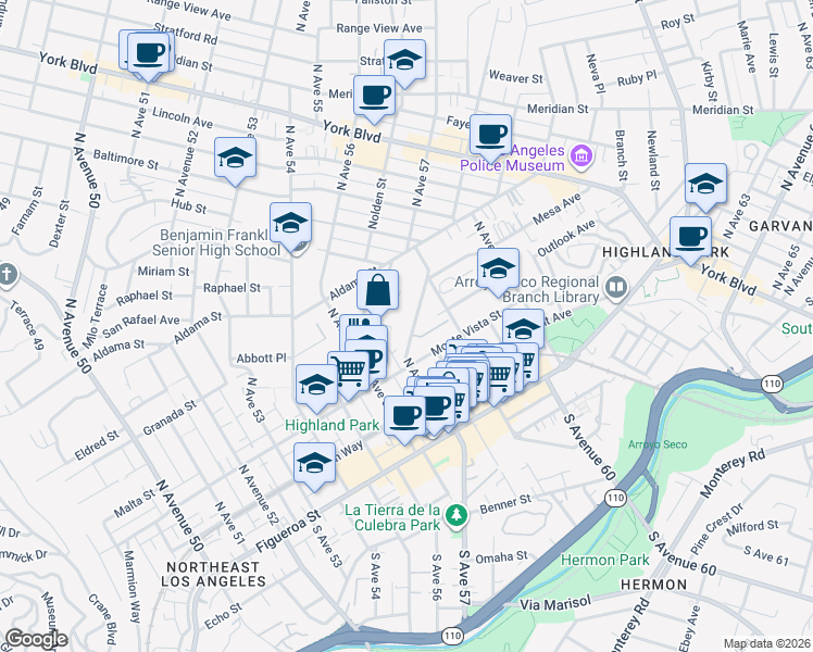 map of restaurants, bars, coffee shops, grocery stores, and more near 342 North Avenue 57 in Los Angeles