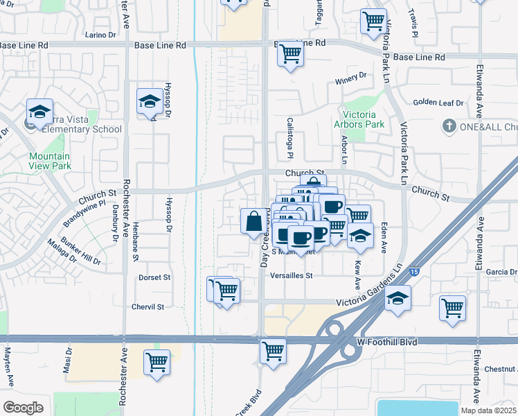 map of restaurants, bars, coffee shops, grocery stores, and more near 7721 Hess Place in Rancho Cucamonga