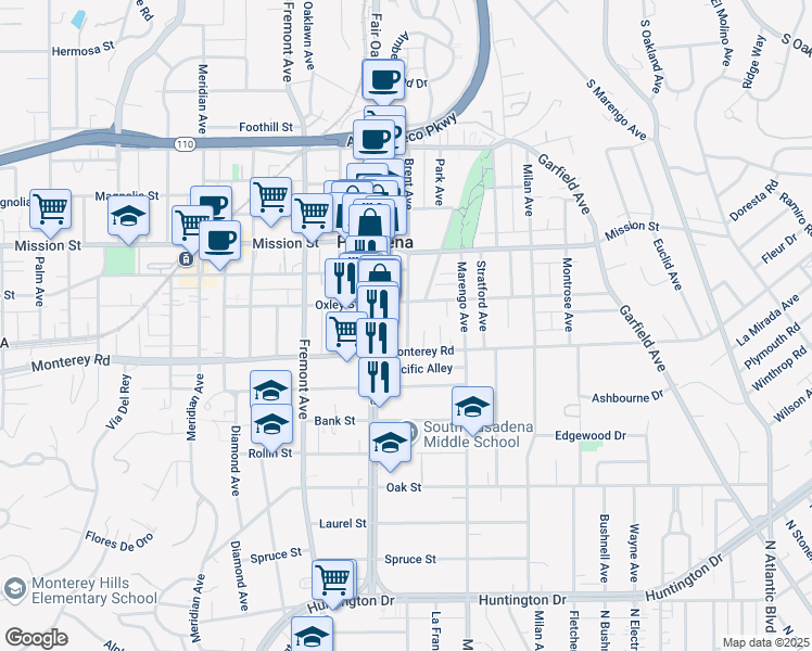 map of restaurants, bars, coffee shops, grocery stores, and more near 1102 Brent Avenue in South Pasadena