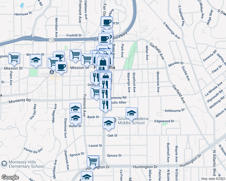 map of restaurants, bars, coffee shops, grocery stores, and more near 1104 Brent Avenue in South Pasadena