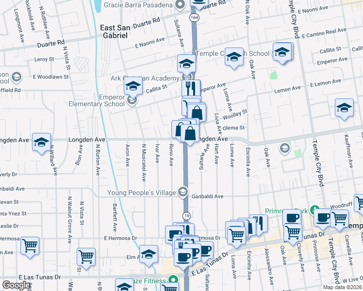 map of restaurants, bars, coffee shops, grocery stores, and more near 6271 Rosemead Boulevard in Temple City