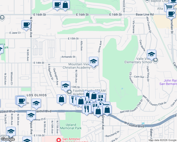 map of restaurants, bars, coffee shops, grocery stores, and more near 1407 East Estrellita Court in Upland