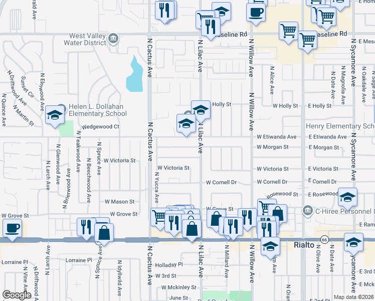 map of restaurants, bars, coffee shops, grocery stores, and more near 585 West Morgan Street in Rialto