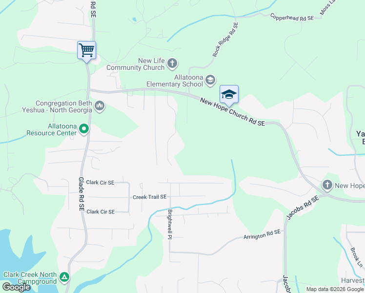 map of restaurants, bars, coffee shops, grocery stores, and more near 4219 New Hope Church Road Southeast in Acworth