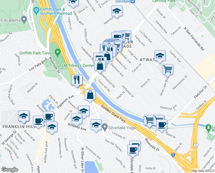 map of restaurants, bars, coffee shops, grocery stores, and more near 3431 Ferncroft Road in Los Angeles