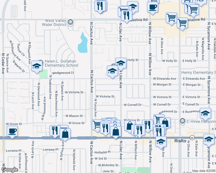 map of restaurants, bars, coffee shops, grocery stores, and more near 585 West Morgan Street in Rialto