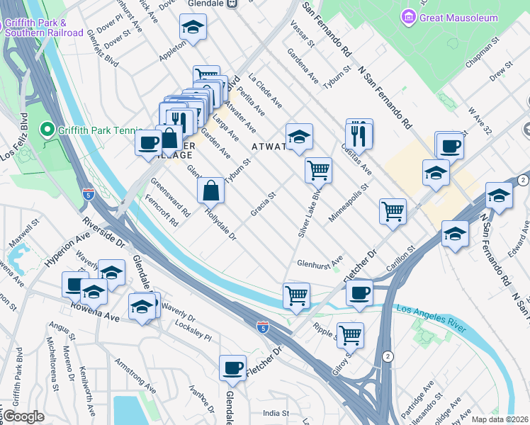 map of restaurants, bars, coffee shops, grocery stores, and more near 3241 Madera Avenue in Los Angeles