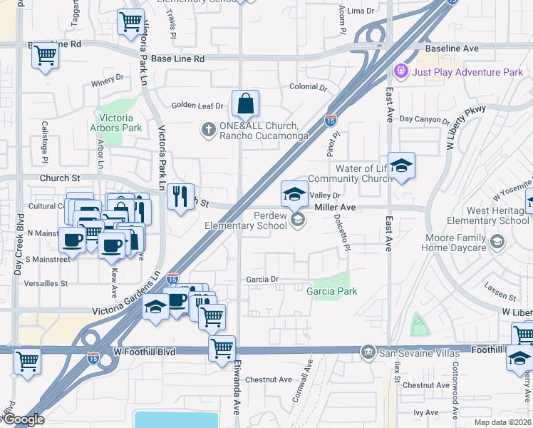 map of restaurants, bars, coffee shops, grocery stores, and more near 12956 Canopy Court in Rancho Cucamonga