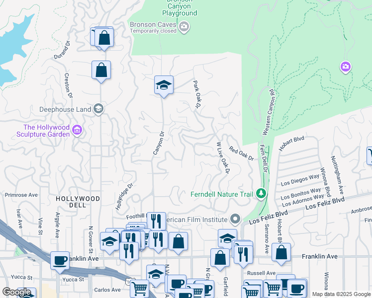 map of restaurants, bars, coffee shops, grocery stores, and more near 5551 Tuxedo Terrace in Los Angeles