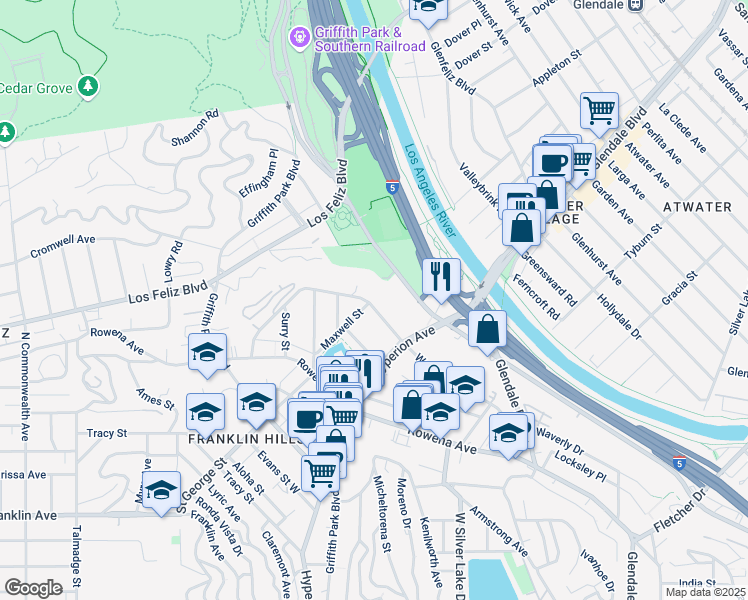 map of restaurants, bars, coffee shops, grocery stores, and more near 3165 Waverly Drive in Los Angeles