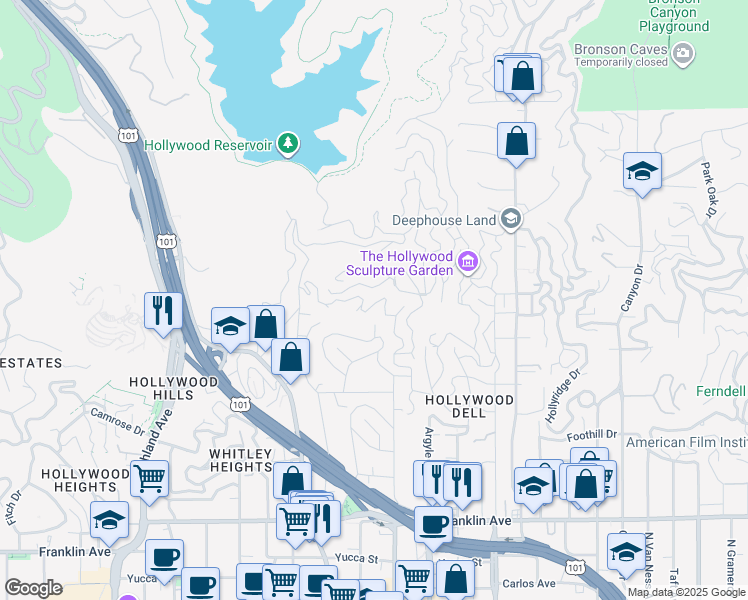 map of restaurants, bars, coffee shops, grocery stores, and more near 6345 Bryn Mawr Drive in Los Angeles