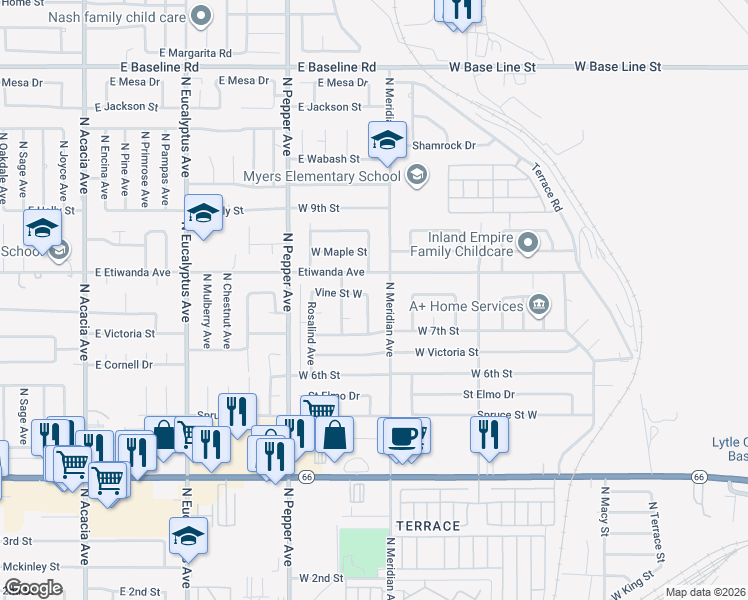 map of restaurants, bars, coffee shops, grocery stores, and more near 773 North Belden Avenue in Rialto