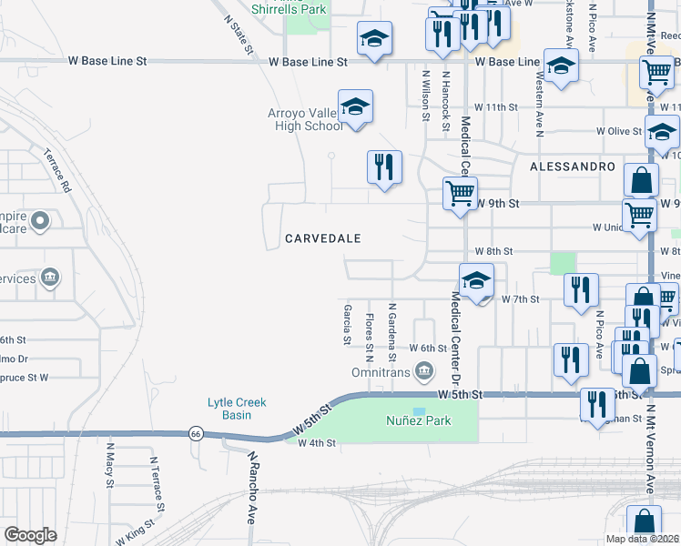map of restaurants, bars, coffee shops, grocery stores, and more near 740 Garcia Street in San Bernardino