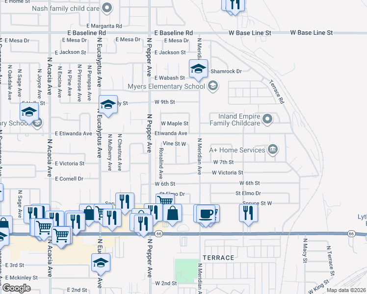 map of restaurants, bars, coffee shops, grocery stores, and more near 773 North Belden Avenue in Rialto