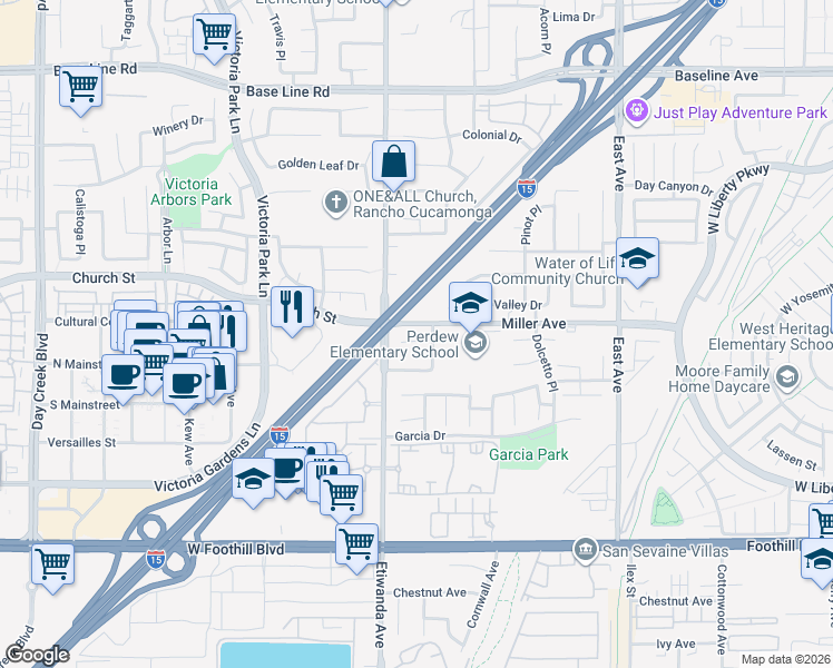 map of restaurants, bars, coffee shops, grocery stores, and more near 12956 Canopy Court in Rancho Cucamonga