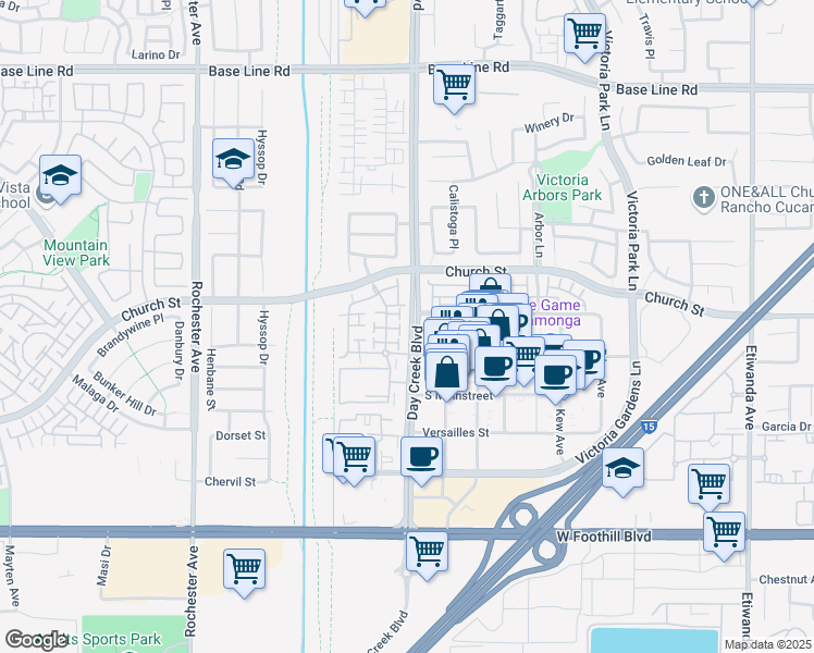 map of restaurants, bars, coffee shops, grocery stores, and more near 7721 Hess Place in Rancho Cucamonga