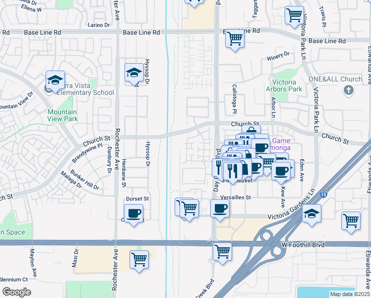 map of restaurants, bars, coffee shops, grocery stores, and more near 7736 Chambray Place in Rancho Cucamonga