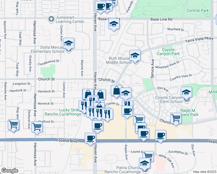 map of restaurants, bars, coffee shops, grocery stores, and more near 10555 Wilding Drive in Rancho Cucamonga