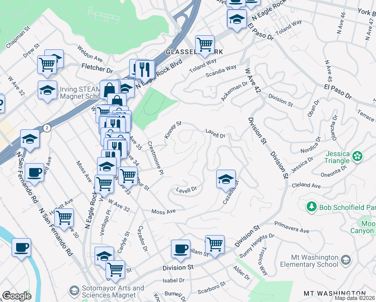 map of restaurants, bars, coffee shops, grocery stores, and more near 3628 North Paseo Drive in Los Angeles