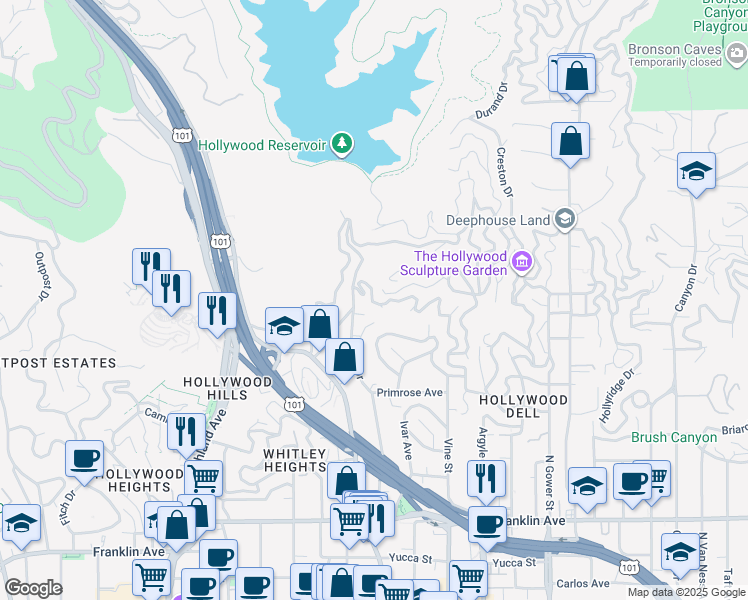 map of restaurants, bars, coffee shops, grocery stores, and more near 2294 Holly Drive in Los Angeles