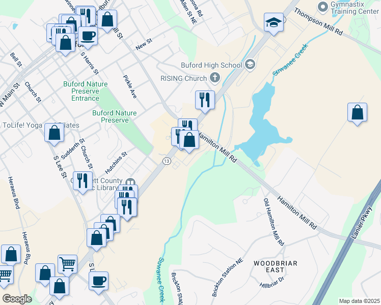 map of restaurants, bars, coffee shops, grocery stores, and more near 15 Buford Village Walk in Buford