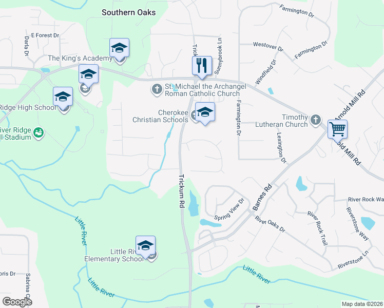 map of restaurants, bars, coffee shops, grocery stores, and more near 205 Stillwater Glen in Woodstock