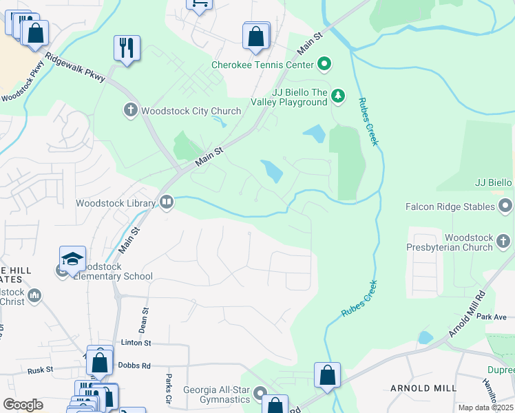 map of restaurants, bars, coffee shops, grocery stores, and more near 307 Ashgrove Court in Woodstock