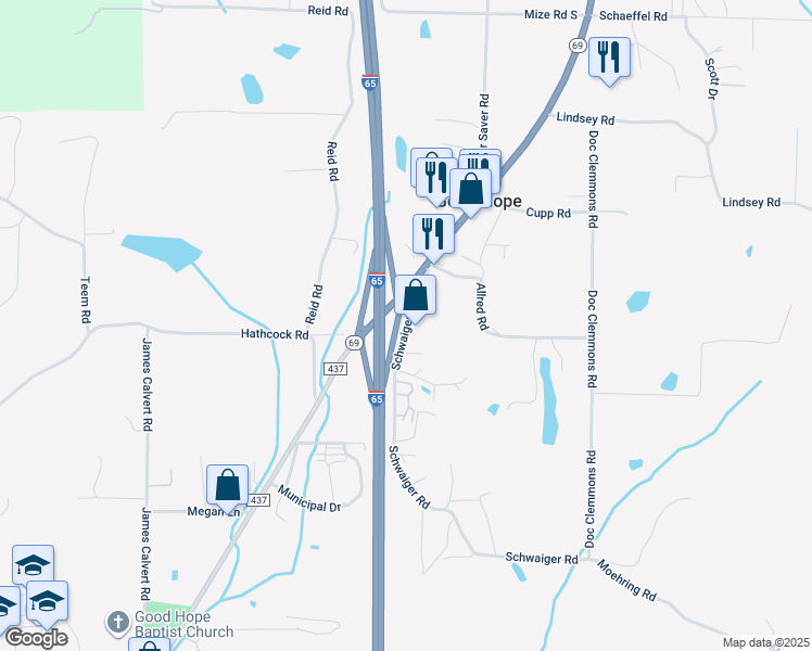 map of restaurants, bars, coffee shops, grocery stores, and more near 1-153 Schwaiger Road in Good Hope