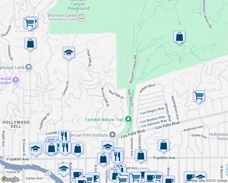map of restaurants, bars, coffee shops, grocery stores, and more near 5509 Red Oak Drive in Los Angeles
