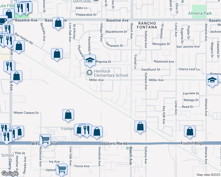 map of restaurants, bars, coffee shops, grocery stores, and more near 7756 Mariners Way in Fontana