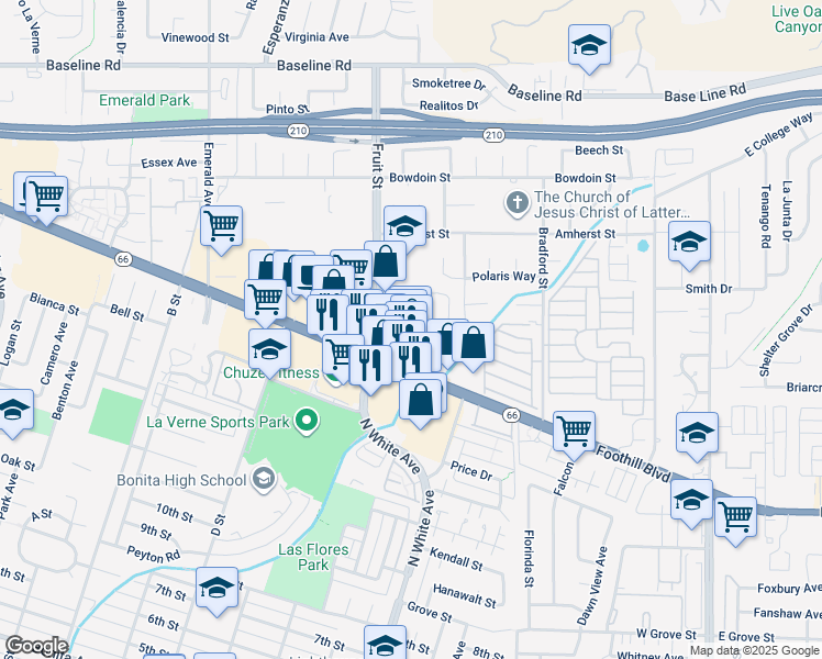 map of restaurants, bars, coffee shops, grocery stores, and more near 2353 Foothill Boulevard in La Verne