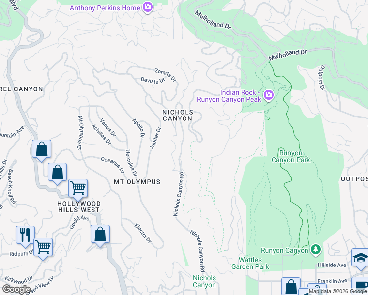 map of restaurants, bars, coffee shops, grocery stores, and more near 2300 Nichols Canyon Road in Los Angeles