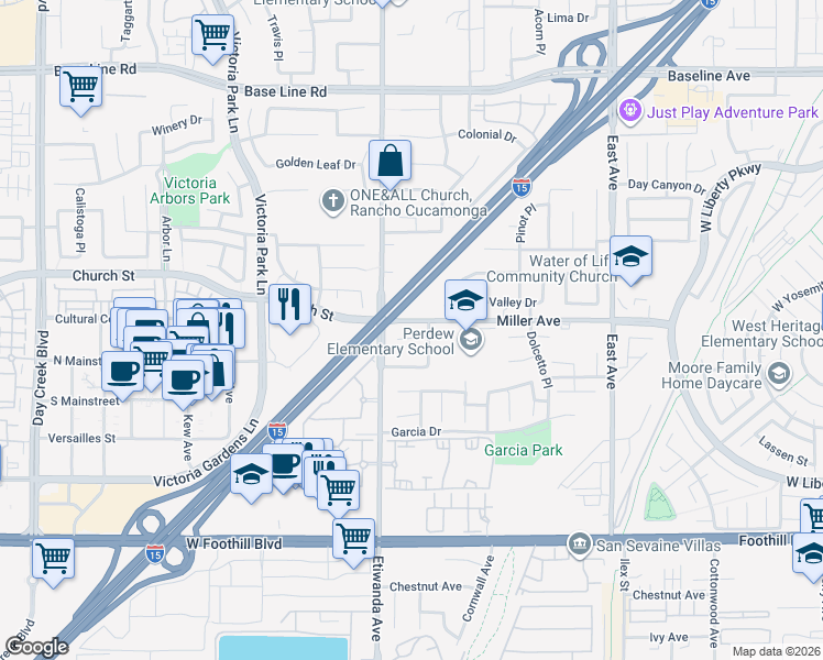 map of restaurants, bars, coffee shops, grocery stores, and more near 12936 Canopy Court in Rancho Cucamonga