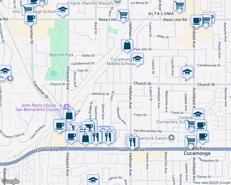 map of restaurants, bars, coffee shops, grocery stores, and more near 7759 Lion Street in Rancho Cucamonga