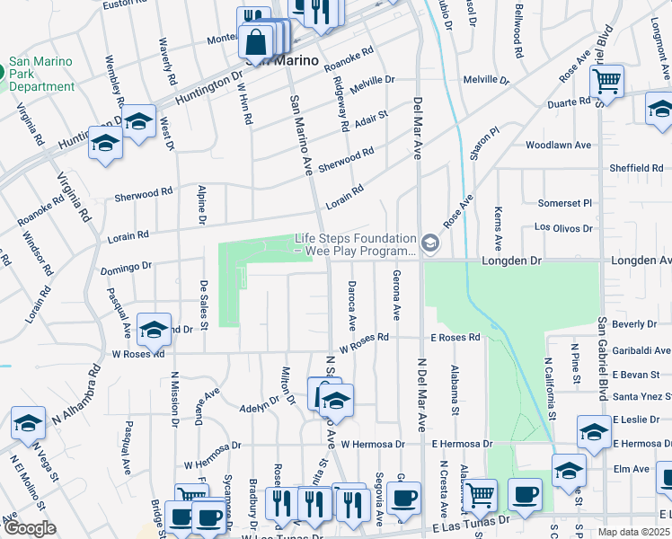 map of restaurants, bars, coffee shops, grocery stores, and more near 588 North San Marino Avenue in San Gabriel