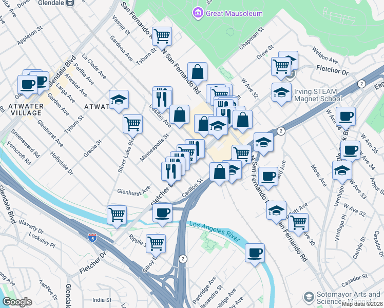 map of restaurants, bars, coffee shops, grocery stores, and more near 3116 Casitas Avenue in Los Angeles