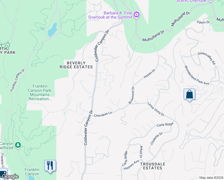 map of restaurants, bars, coffee shops, grocery stores, and more near 2315 Kimridge Road in Beverly Hills