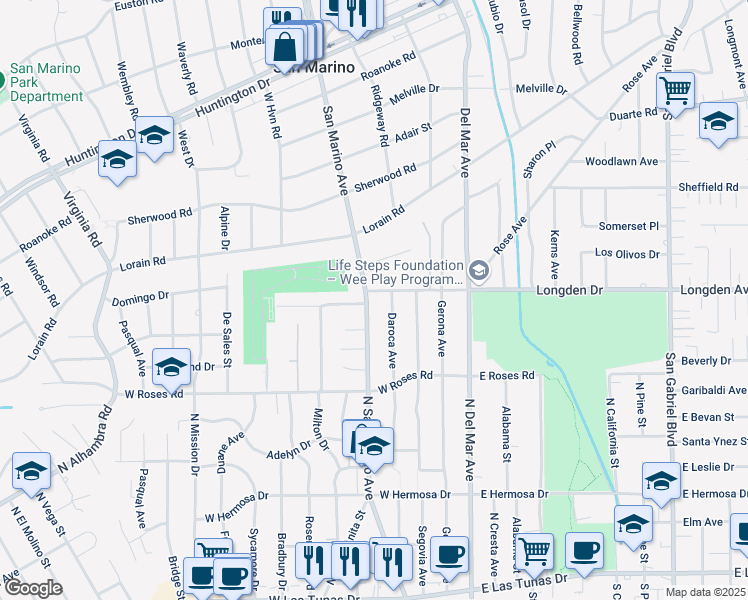 map of restaurants, bars, coffee shops, grocery stores, and more near 588 North San Marino Avenue in San Gabriel
