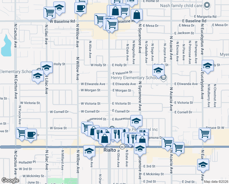 map of restaurants, bars, coffee shops, grocery stores, and more near 732 North Olive Avenue in Rialto