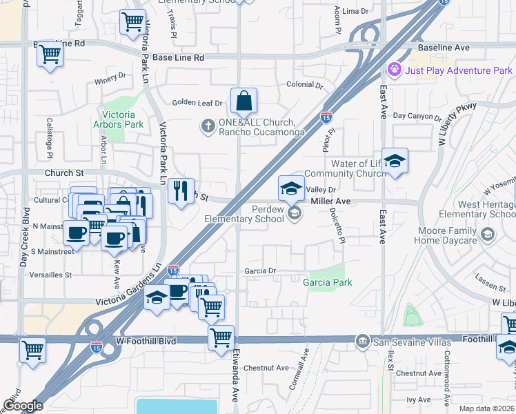 map of restaurants, bars, coffee shops, grocery stores, and more near 12936 Canopy Court in Rancho Cucamonga