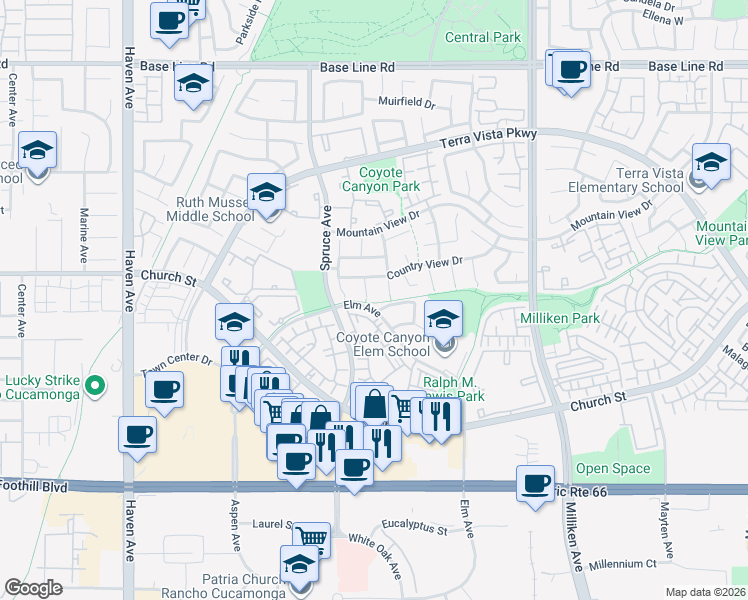 map of restaurants, bars, coffee shops, grocery stores, and more near 7765 Devonshire Court in Rancho Cucamonga