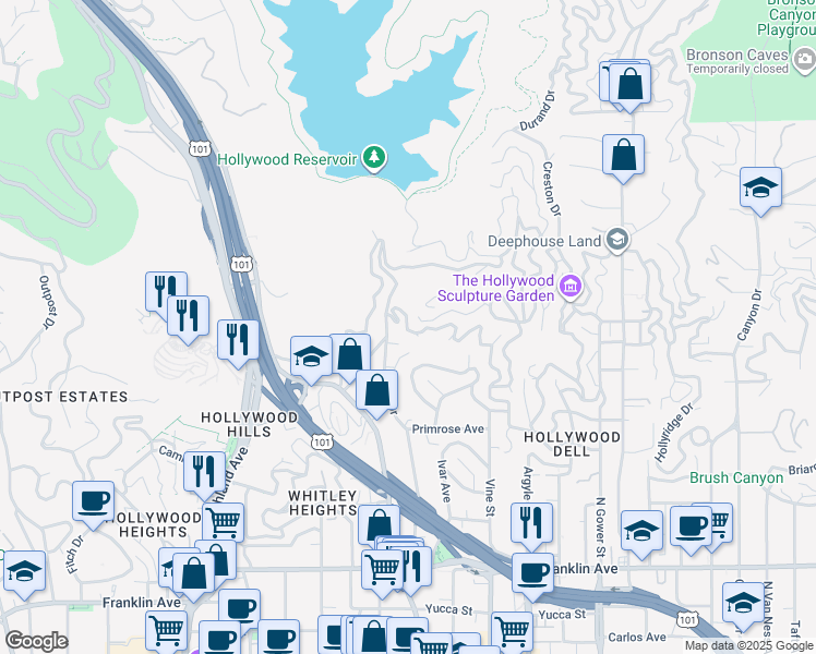 map of restaurants, bars, coffee shops, grocery stores, and more near 2294 Holly Drive in Los Angeles