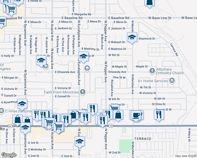 map of restaurants, bars, coffee shops, grocery stores, and more near 849 East Morgan Street in Rialto